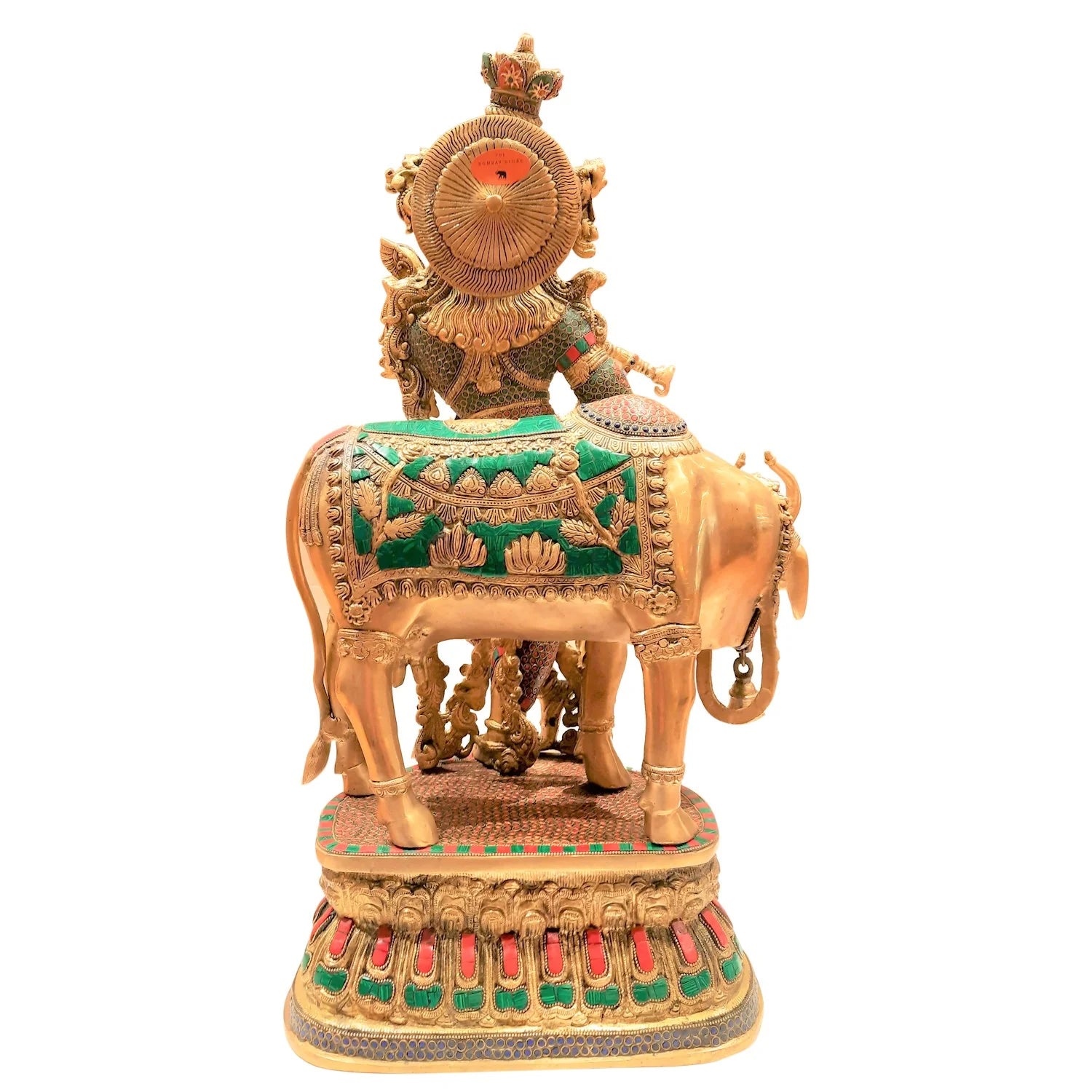 Brass Krishna Cow Standing With Ring Stonework