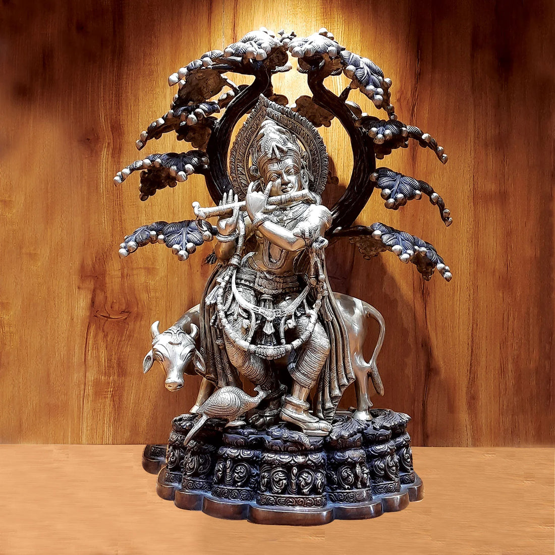 Brass Krishna Cow under Tree in Two Tone Finish