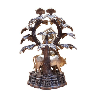 Brass Krishna Cow under Tree in Two Tone Finish