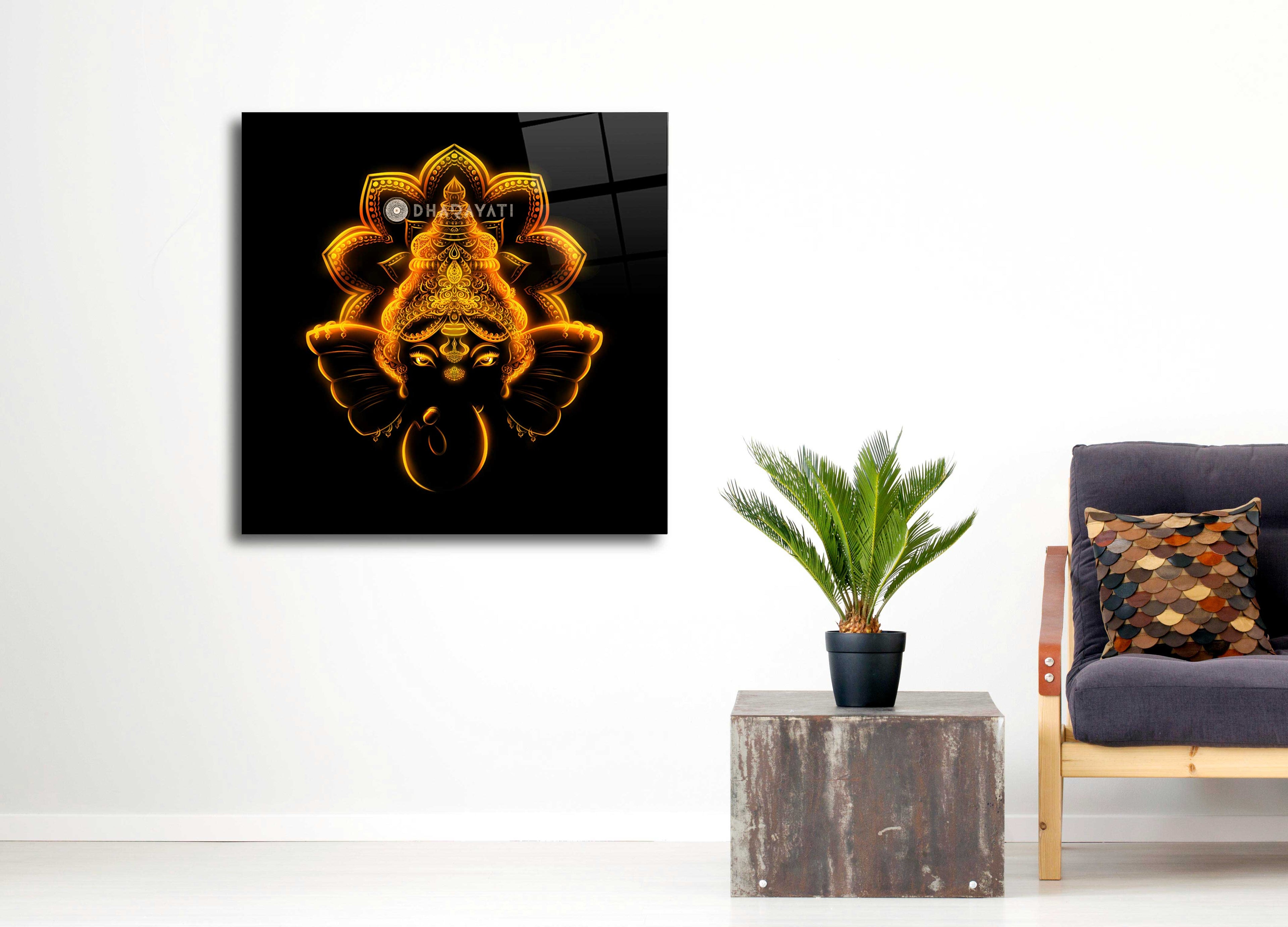 Divine Yellow: Lord Ganesha Glass Wall Art for Prosperity and Wisdom