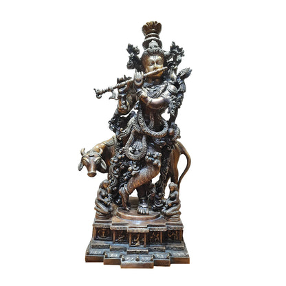 Brass Krishna with Cow Standing