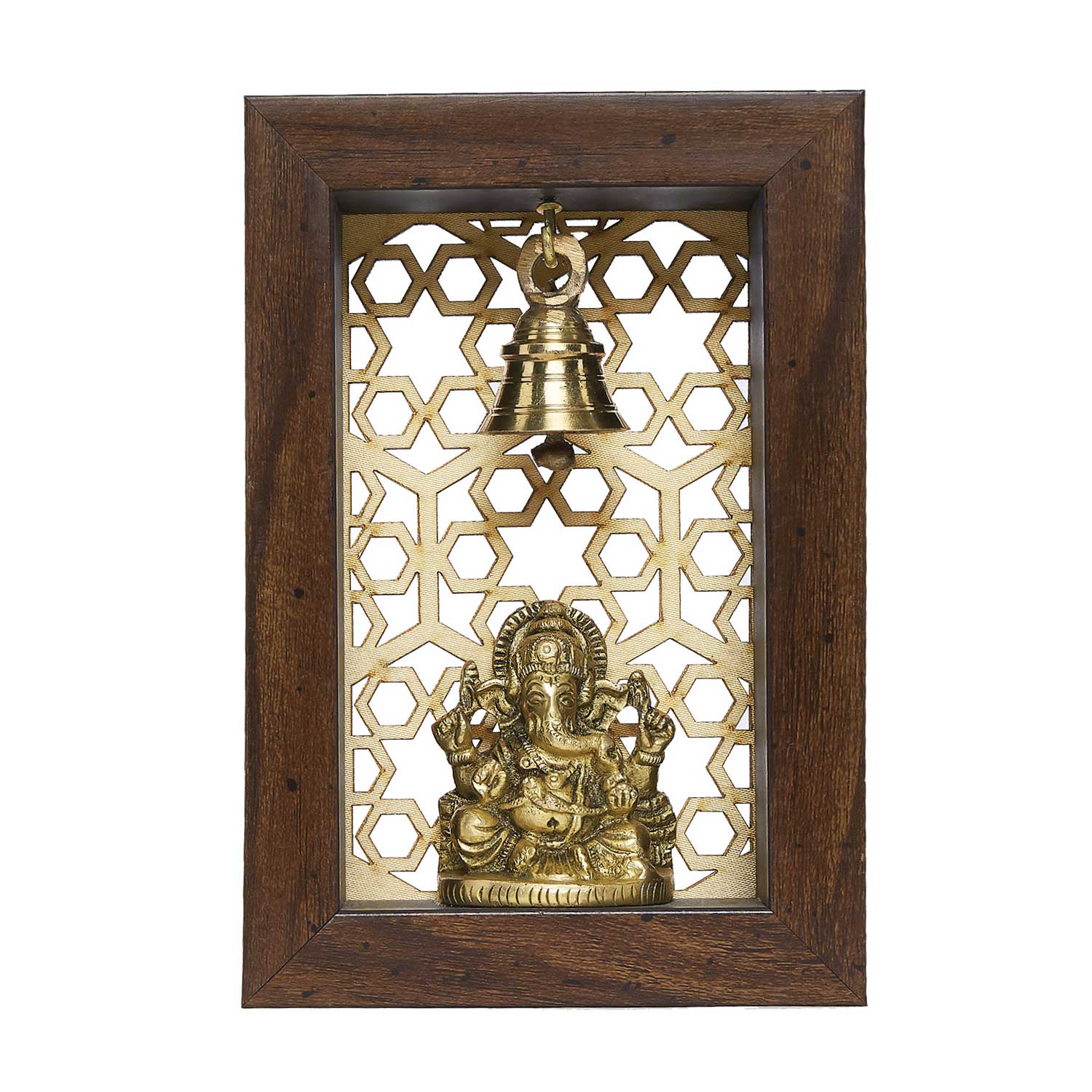 Wooden Temple Frame with Crown Ganesha and Jaali Pattern