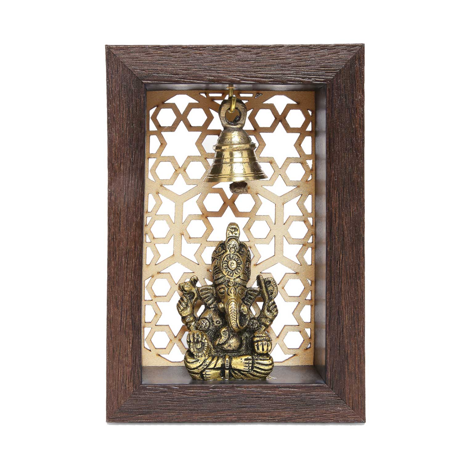 Brass Temple Frame with Ganesha and Jaali Pattern Background