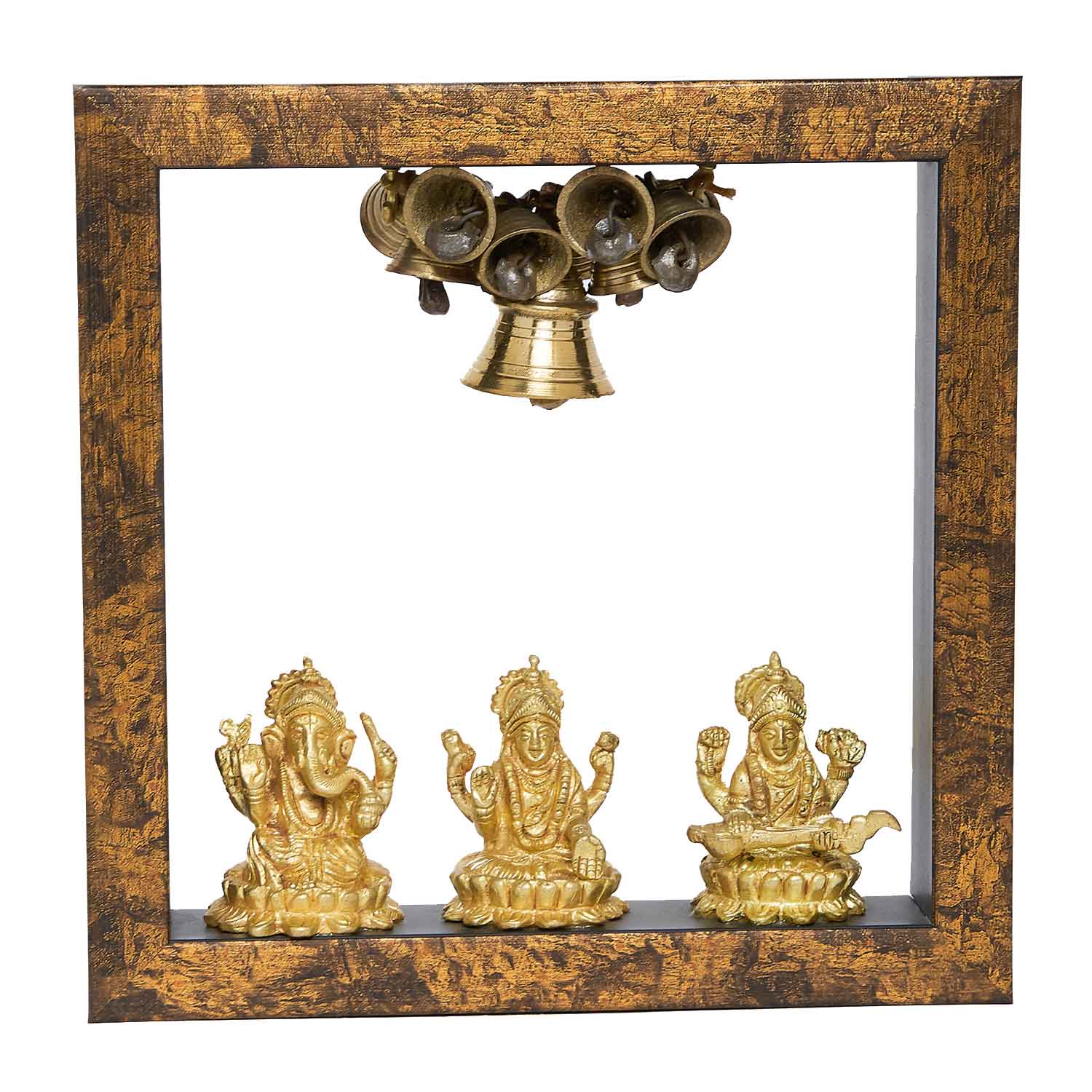 Wooden Temple Frame with Ganesha Laxmi and Saraswati