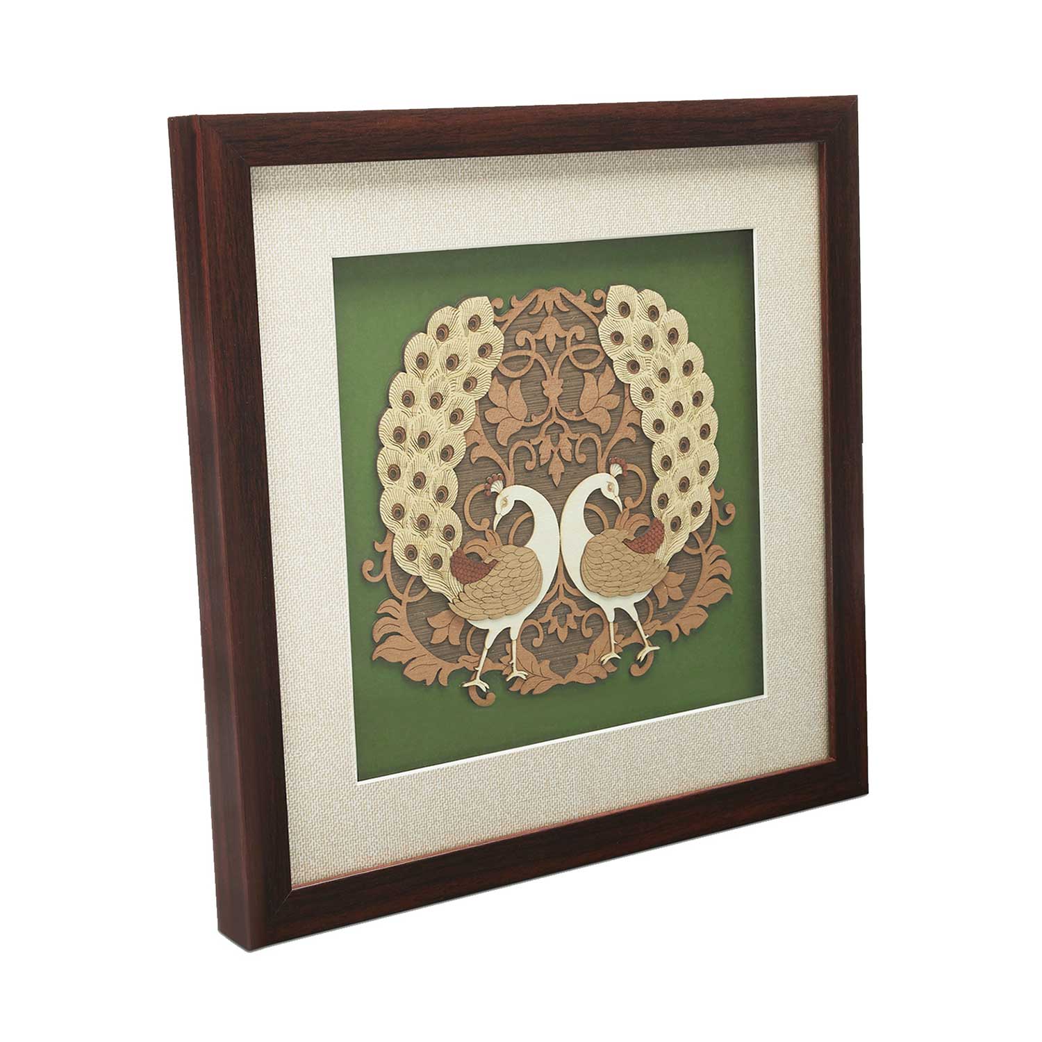 Twin Peacocks Wood Art Frame