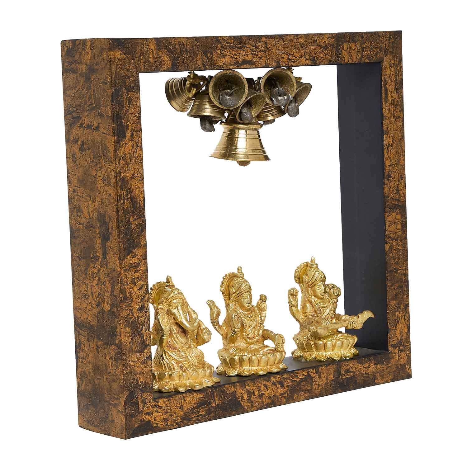 Wooden Temple Frame with Ganesha Laxmi and Saraswati