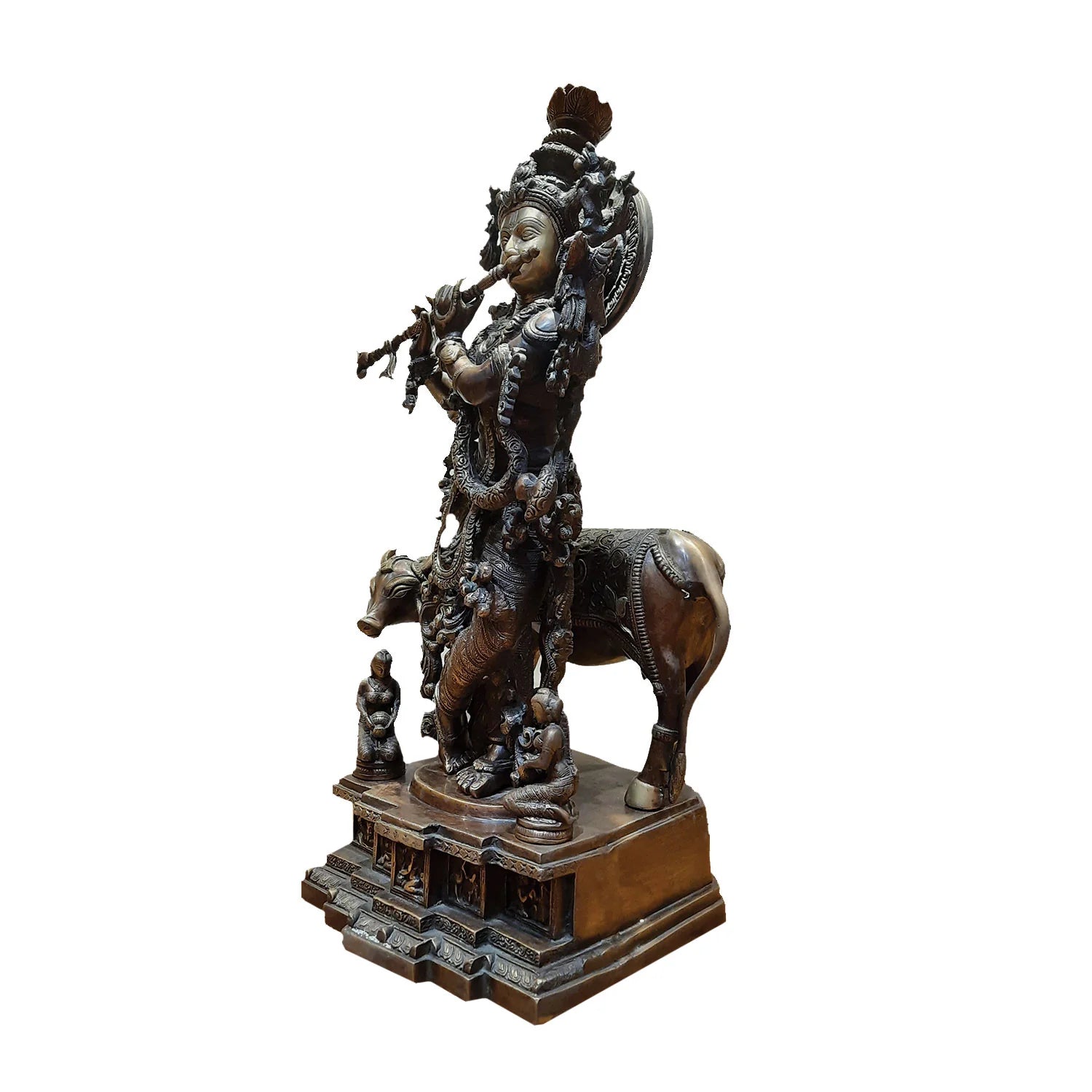 Brass Krishna with Cow Standing