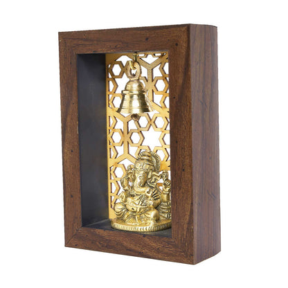 Wooden Temple Frame with Crown Ganesha and Jaali Pattern