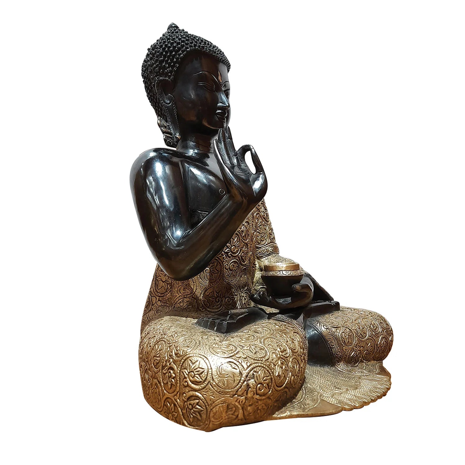 Brass Carved Buddha in Black &amp; Gold finish