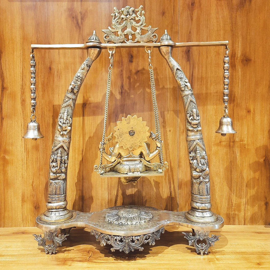 Brass Ganesha on Swing with Tusk 34.5 in