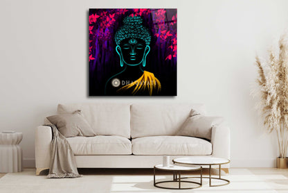 Transcendence: Gautama Buddha Vibrant Colors Glass Wall Art for Serene Spaces