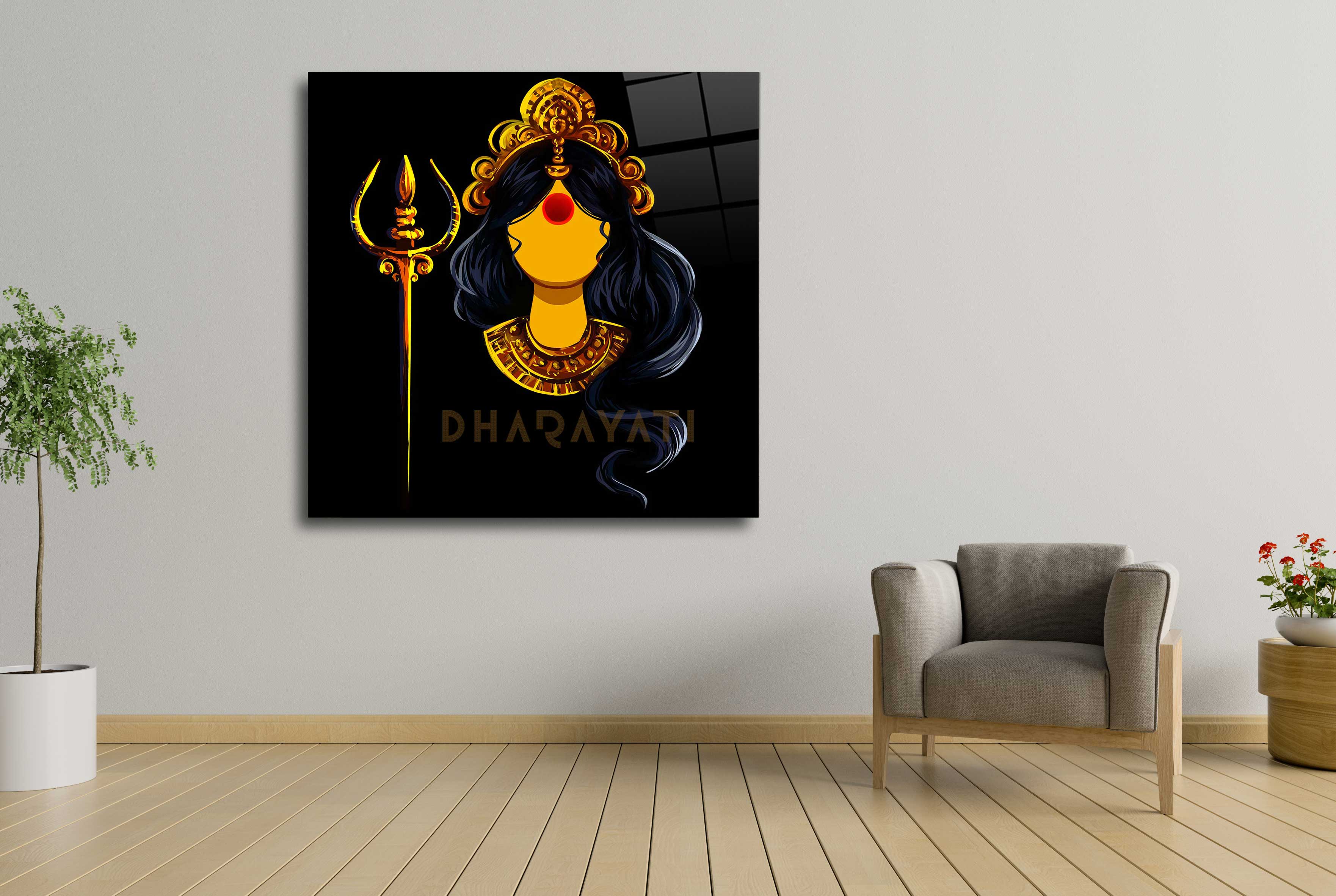 Divine Radiance: Devi with Trishul Yellow Color Glass Wall Art for Spiritual Spaces