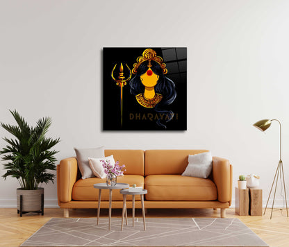 Divine Radiance: Devi with Trishul Yellow Color Glass Wall Art for Spiritual Spaces