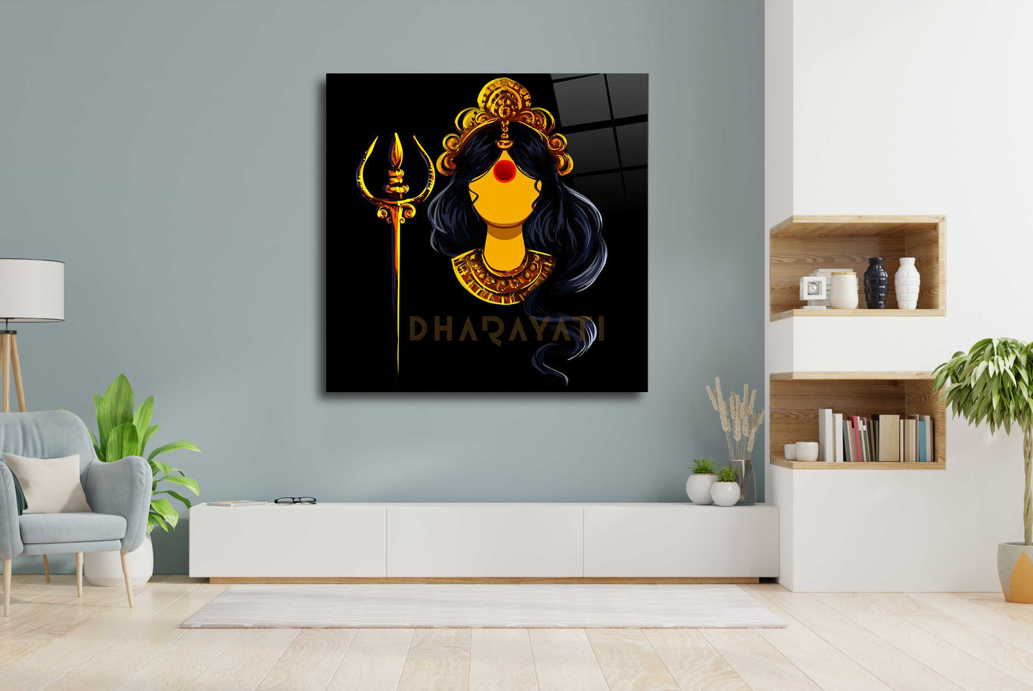 Divine Radiance: Devi with Trishul Yellow Color Glass Wall Art for Spiritual Spaces