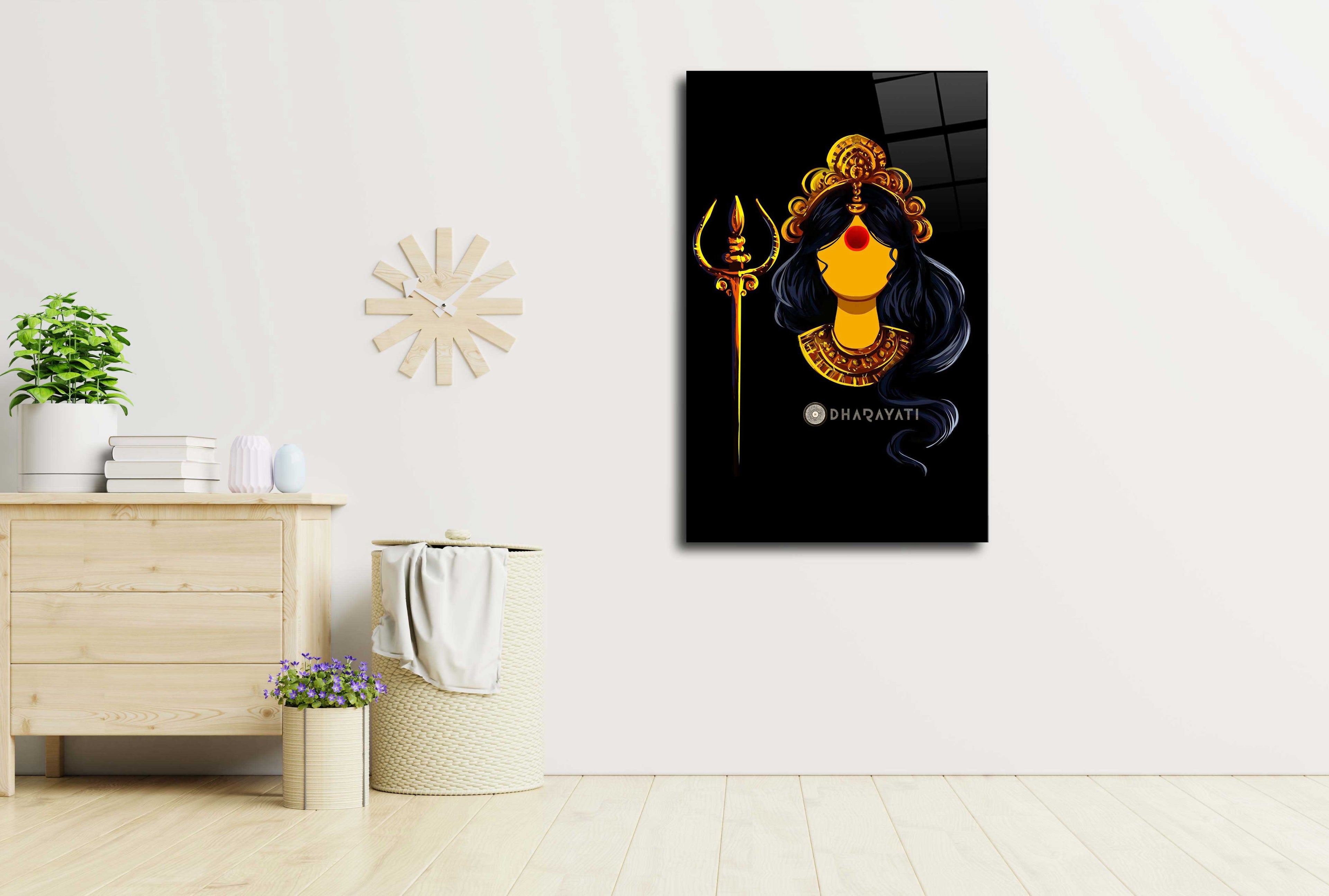 Divine Power Unleashed: Devi with Trishul Glass Wall Art for Spiritual Protection