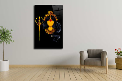 Divine Power Unleashed: Devi with Trishul Glass Wall Art for Spiritual Protection