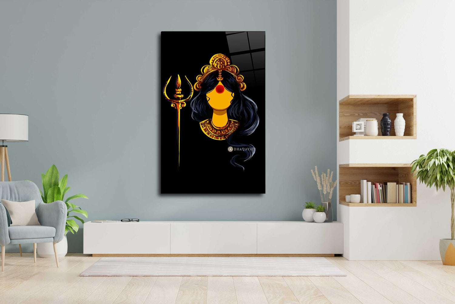 Divine Power Unleashed: Devi with Trishul Glass Wall Art for Spiritual Protection