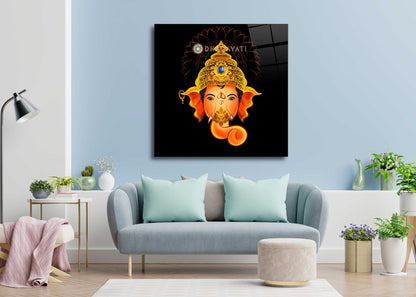 Divine Blessings: Lord Ganesh Face Glass Wall Art for Prosperity and Remover of Obstacles