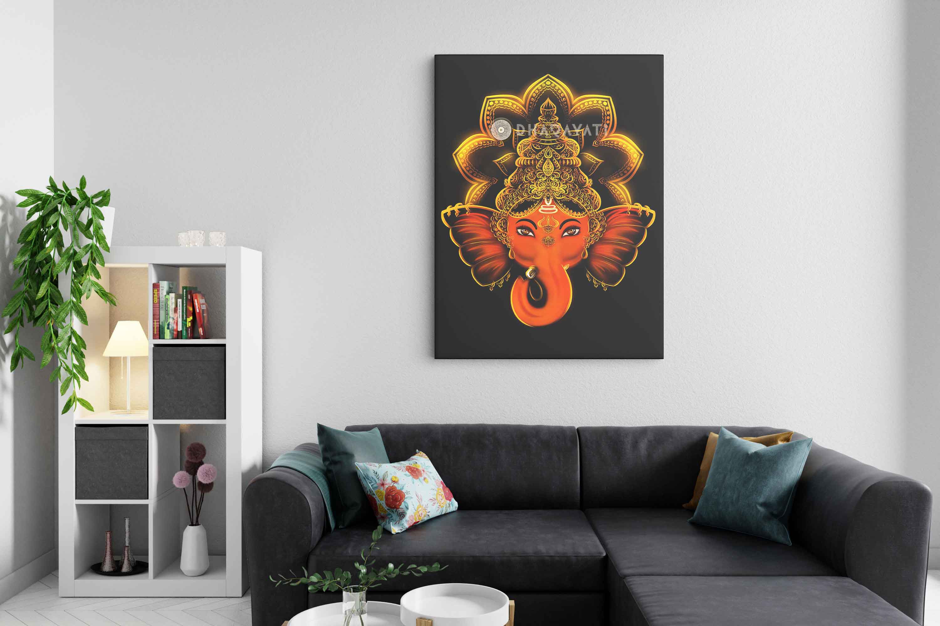 Blessings and Abundance: Ganesha with Flowers - Canvas Art