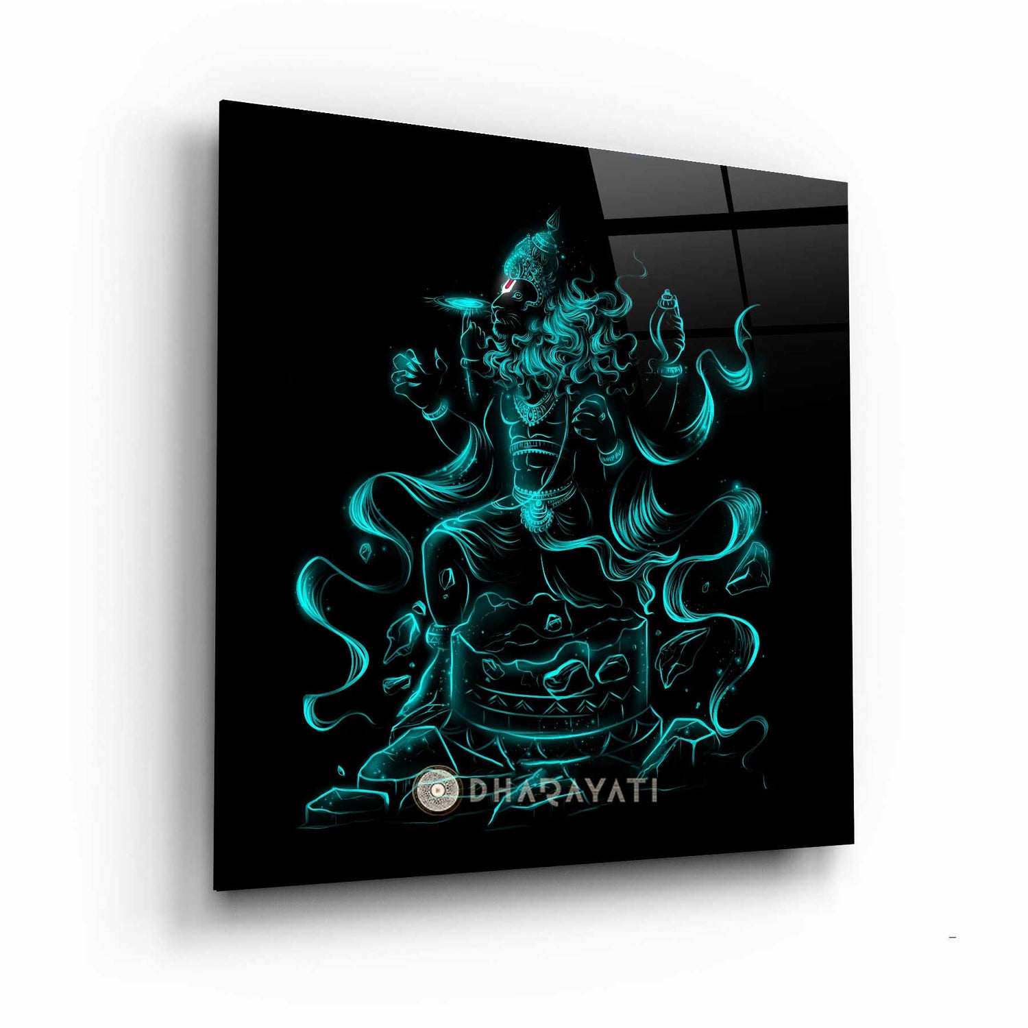 Divine Ferocity: Sri Narasimha Swamy Glass Wall Art - Embrace the Power of the Lion-Man Incarnation