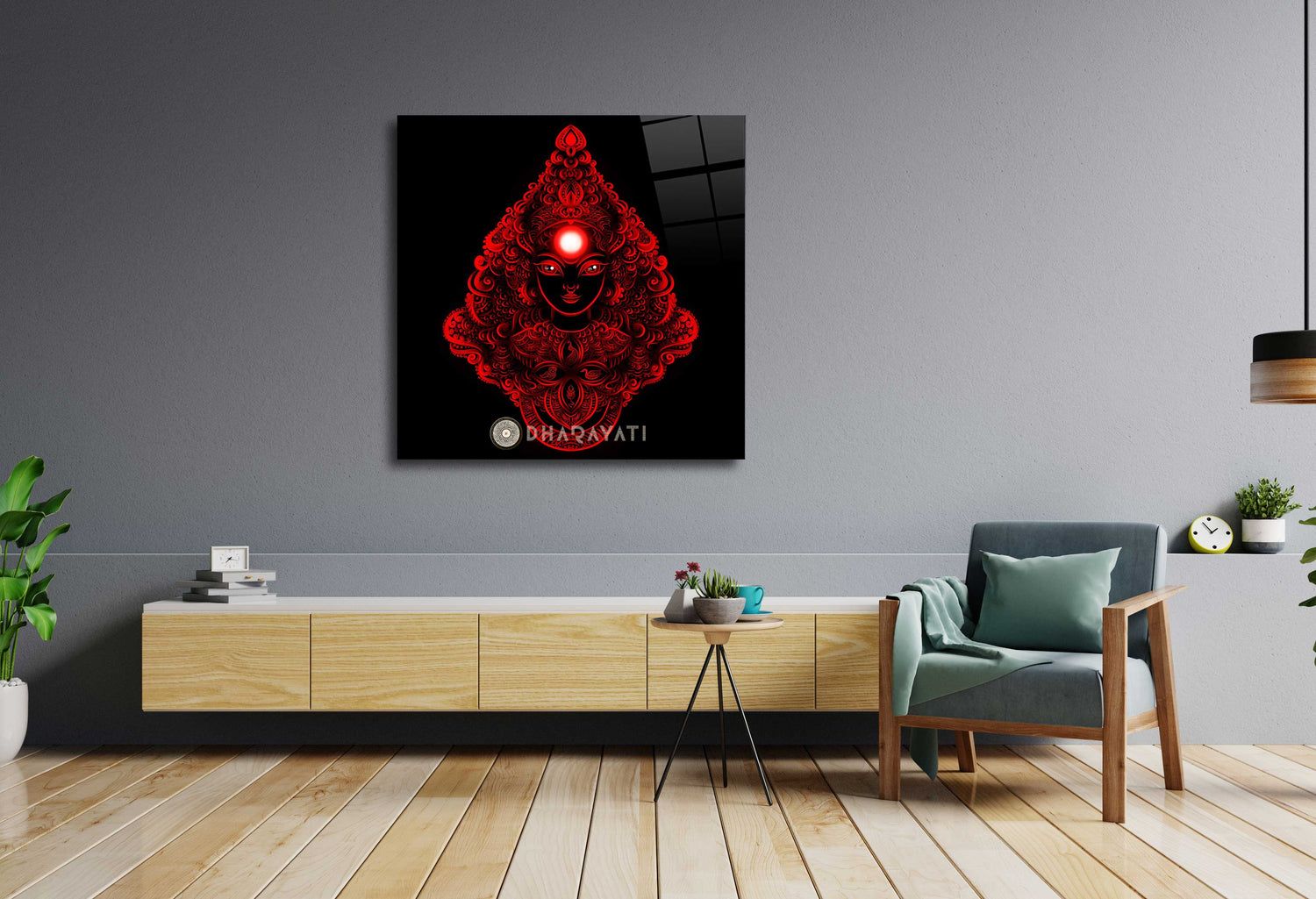 Divine Grace: Devi in Red Color Glass Wall Art for Strength and Devotion