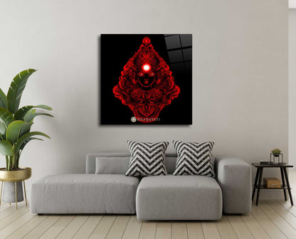 Divine Grace: Devi in Red Color Glass Wall Art for Strength and Devotion