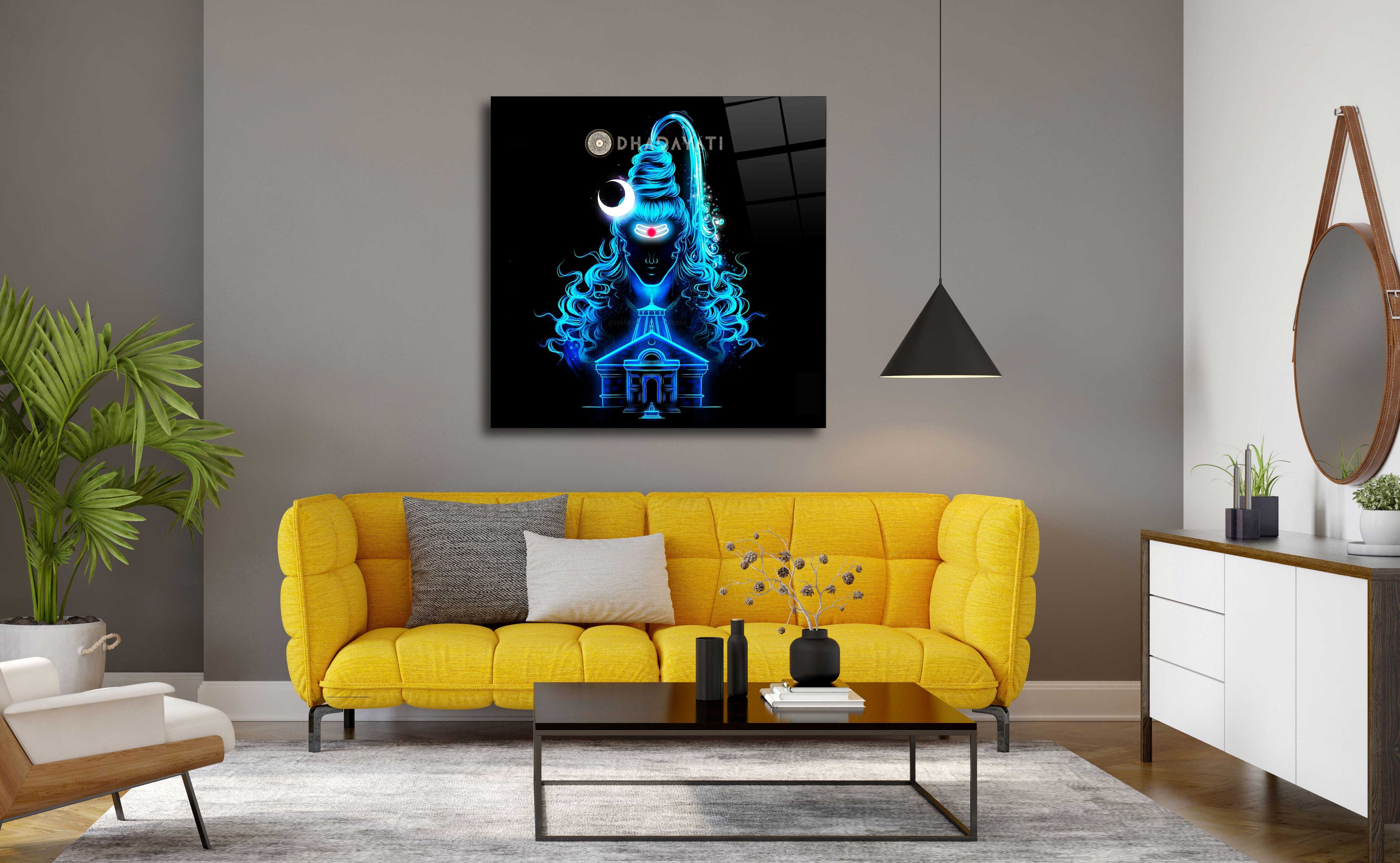 Lord Shiva with Kedarnath Temple Blue Color Glass Wall Art