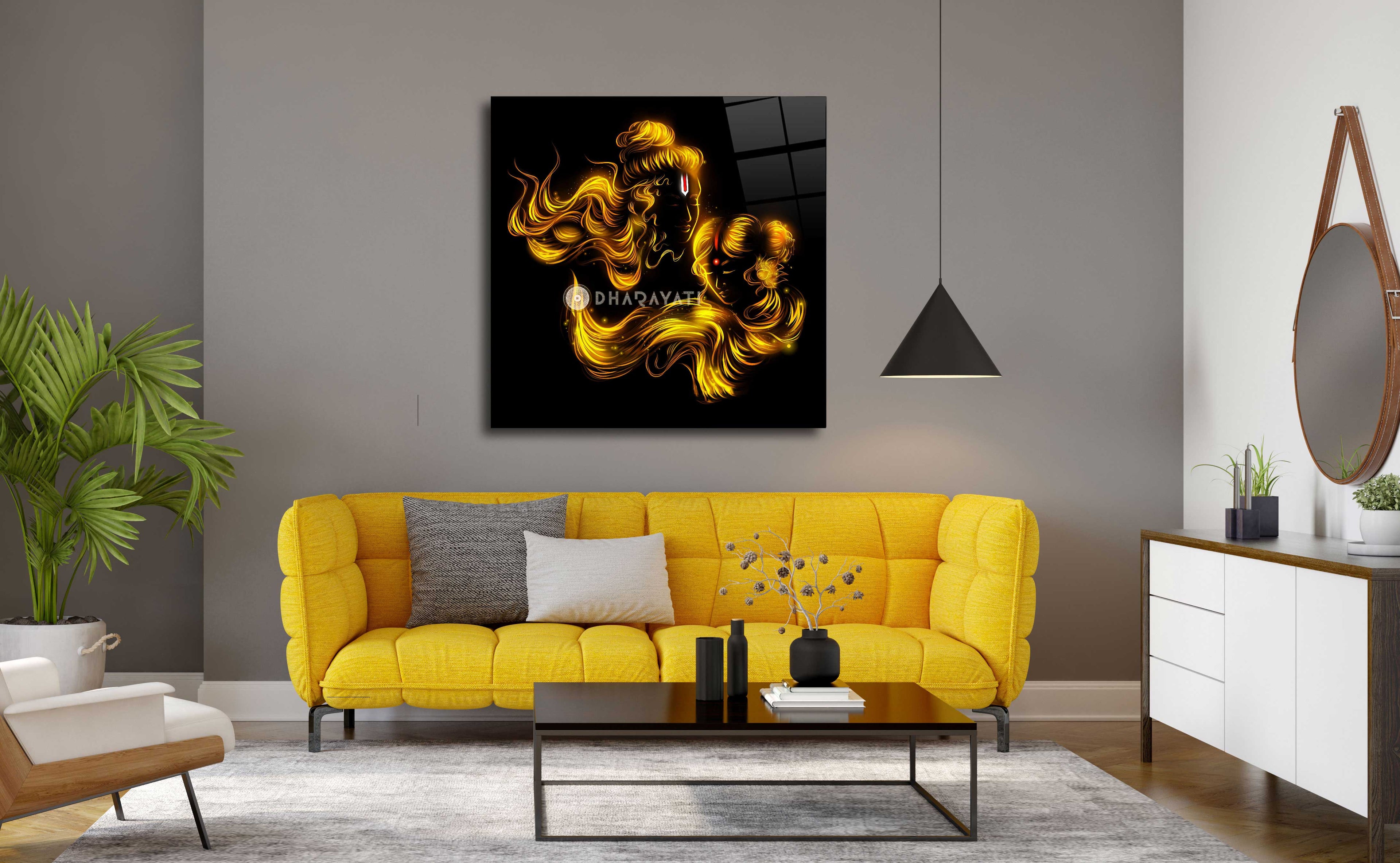 Lord Rama and Sita Yellow with Black Background Glass Wall Art