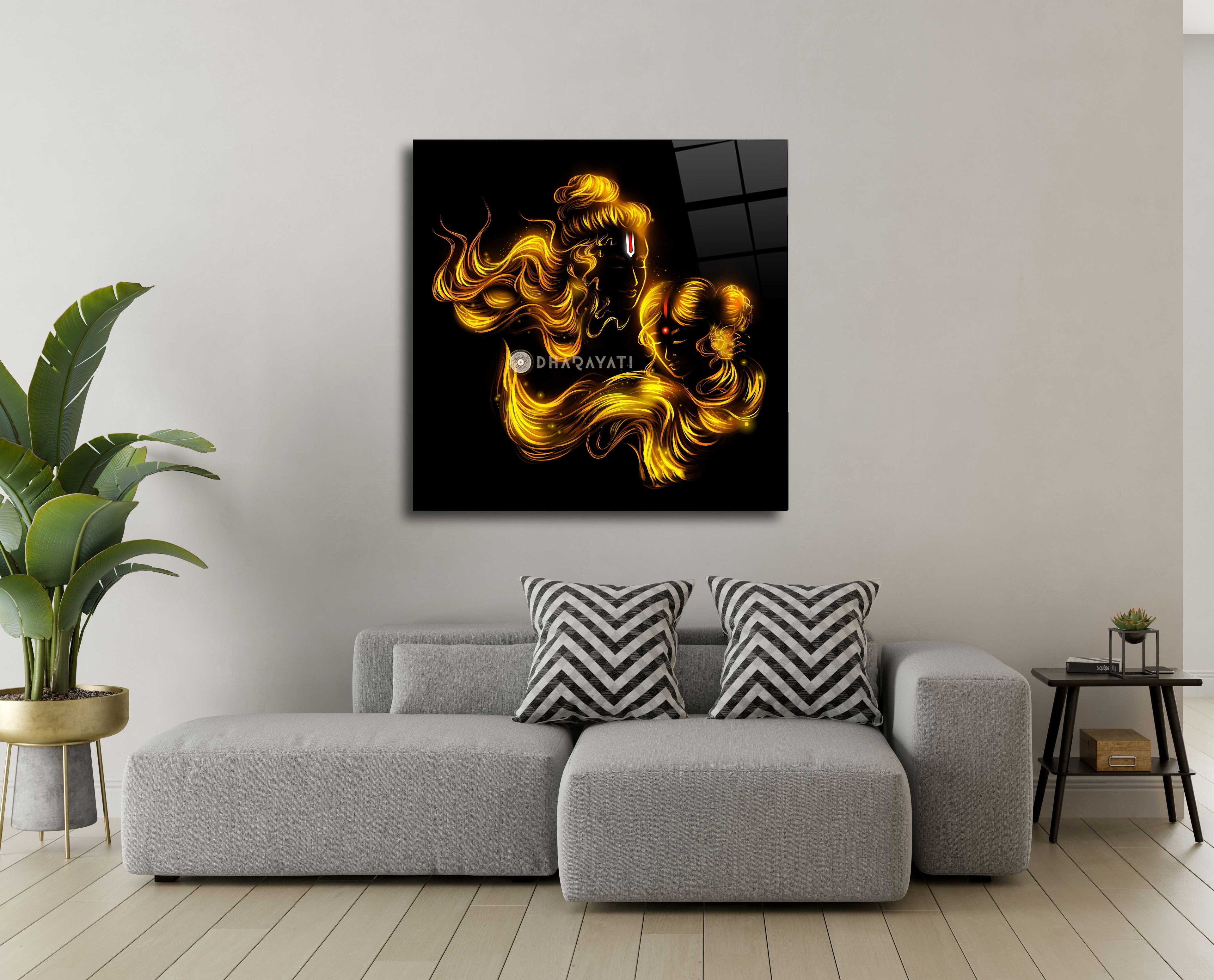 Lord Rama and Sita Yellow with Black Background Glass Wall Art