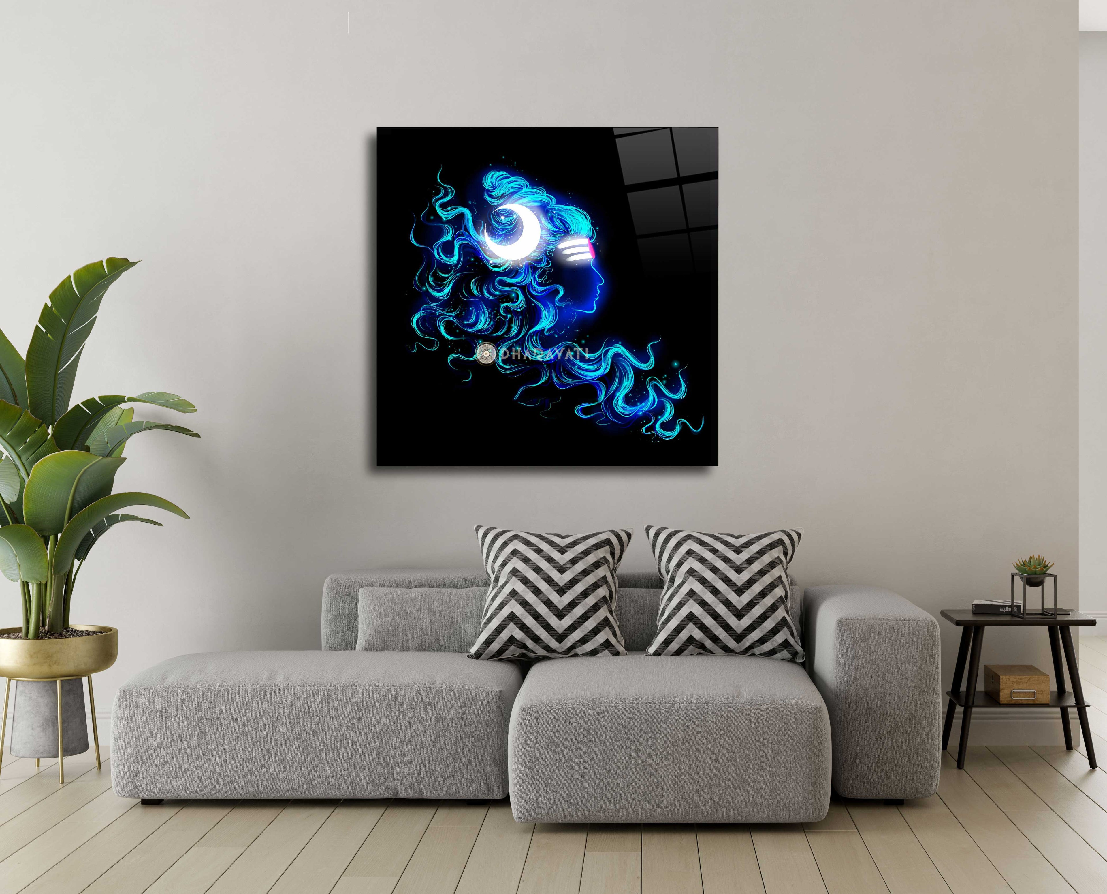 Mystic Glow: Lord Shiva with Crescent Moon Glass Wall Art