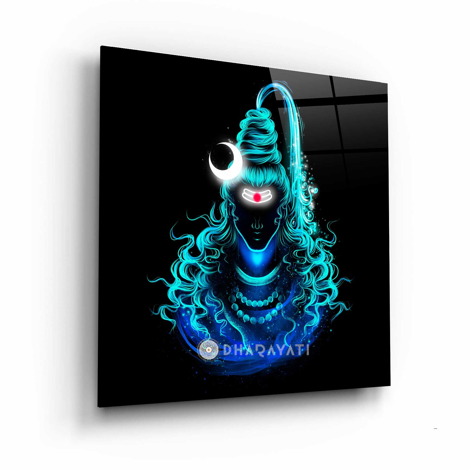 Teal Lord Shiva Glass Wall Art - Embrace the Serenity of the Moonlit Divine