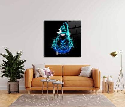 Teal Lord Shiva Glass Wall Art - Embrace the Serenity of the Moonlit Divine