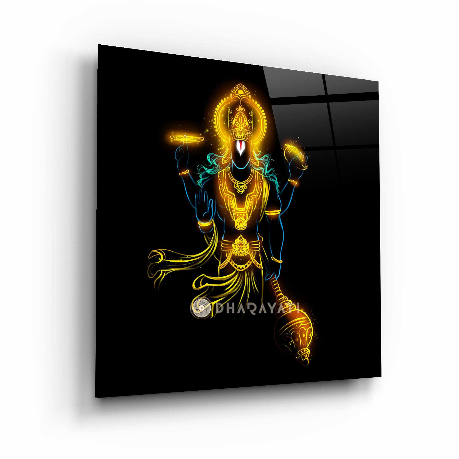 Unveil the Divine Aura: Lord Vishnu with Shankha, Chakra, Gadha Glass Wall Art