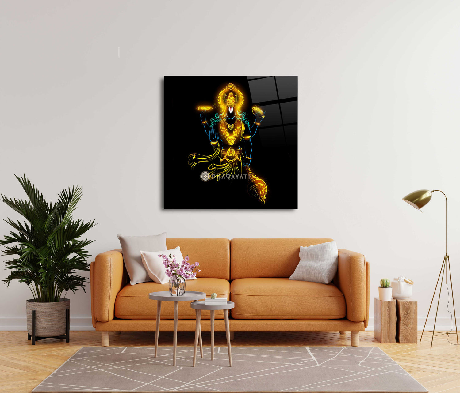 Unveil the Divine Aura: Lord Vishnu with Shankha, Chakra, Gadha Glass Wall Art