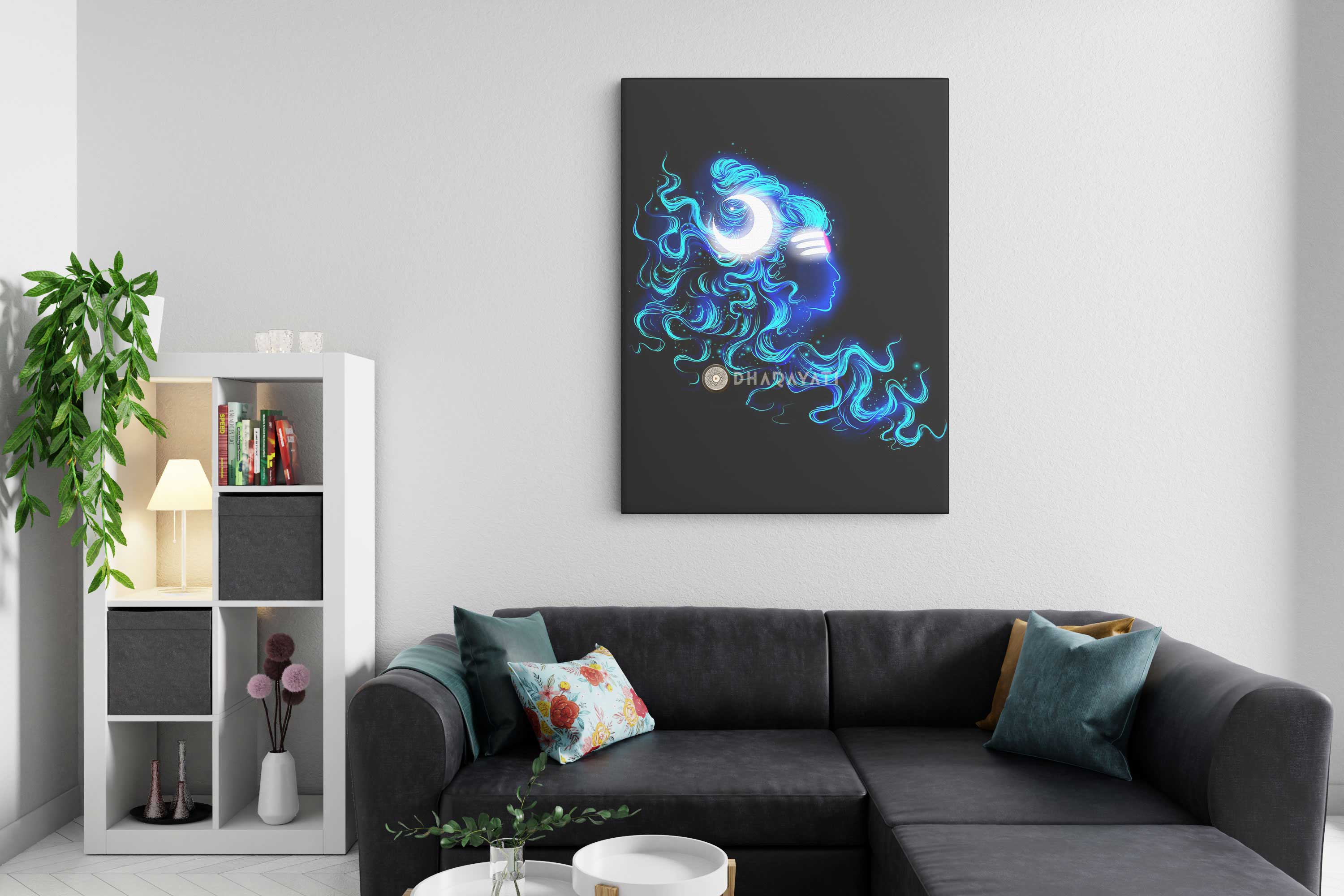 Celestial Majesty: Mahadev with Moon Crown - Serene Blue Canvas Art