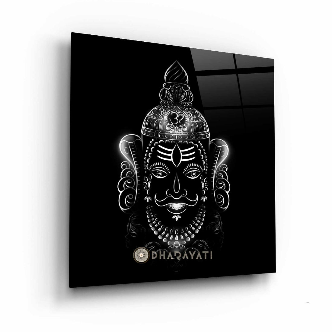 Sacred Serenity: Smiling Mahakal Black and White Glass Wall Art