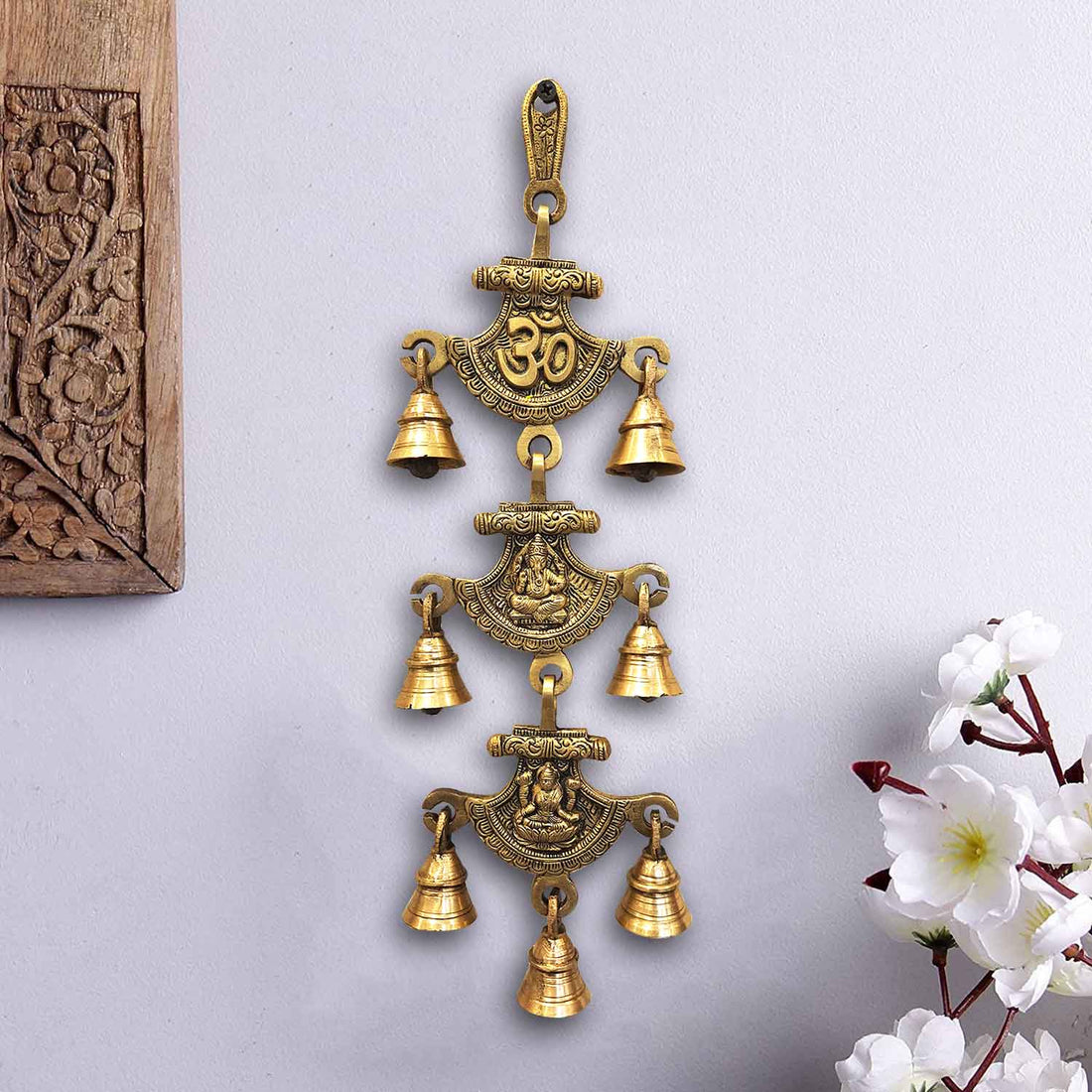 Brass Om Ganesh and Laxmi Curve Style Temple Bells