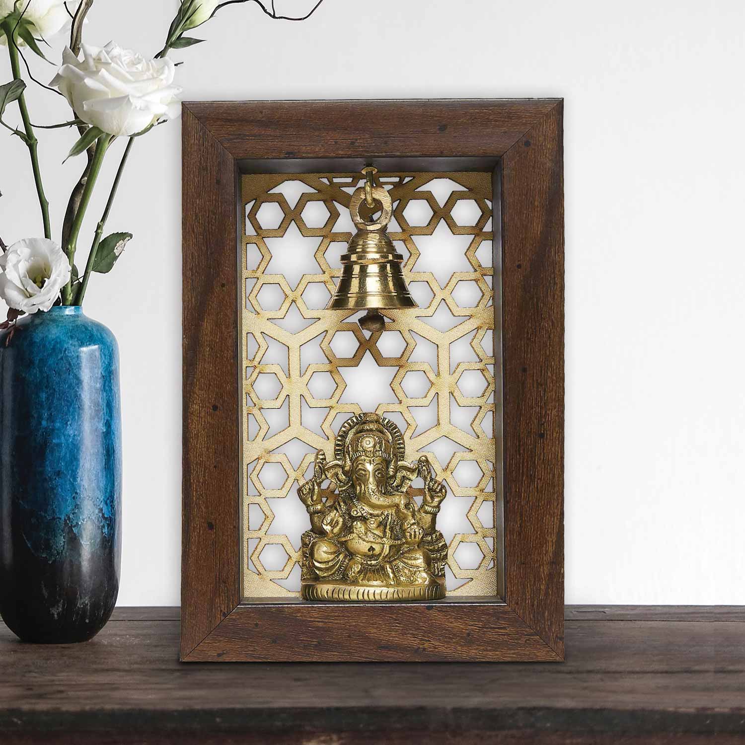 Wooden Temple Frame with Crown Ganesha and Jaali Pattern