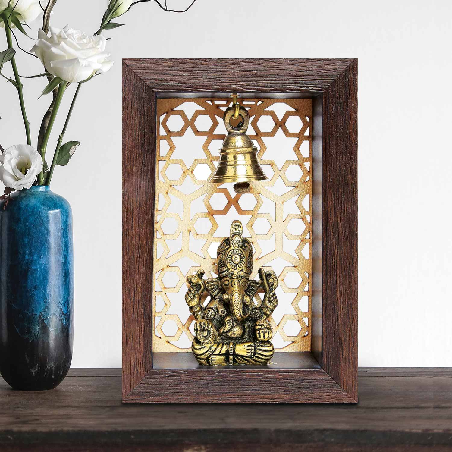 Brass Temple Frame with Ganesha and Jaali Pattern Background