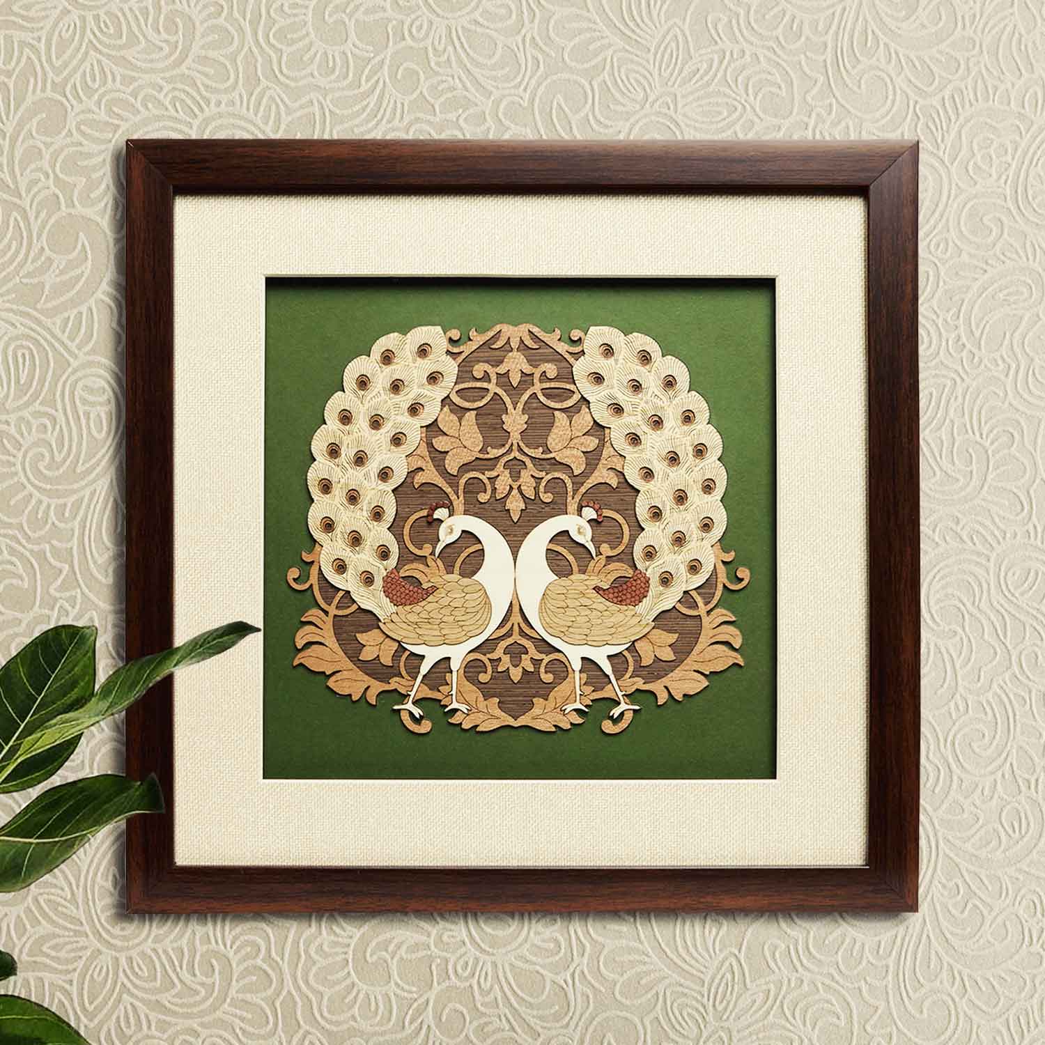 Twin Peacocks Wood Art Frame