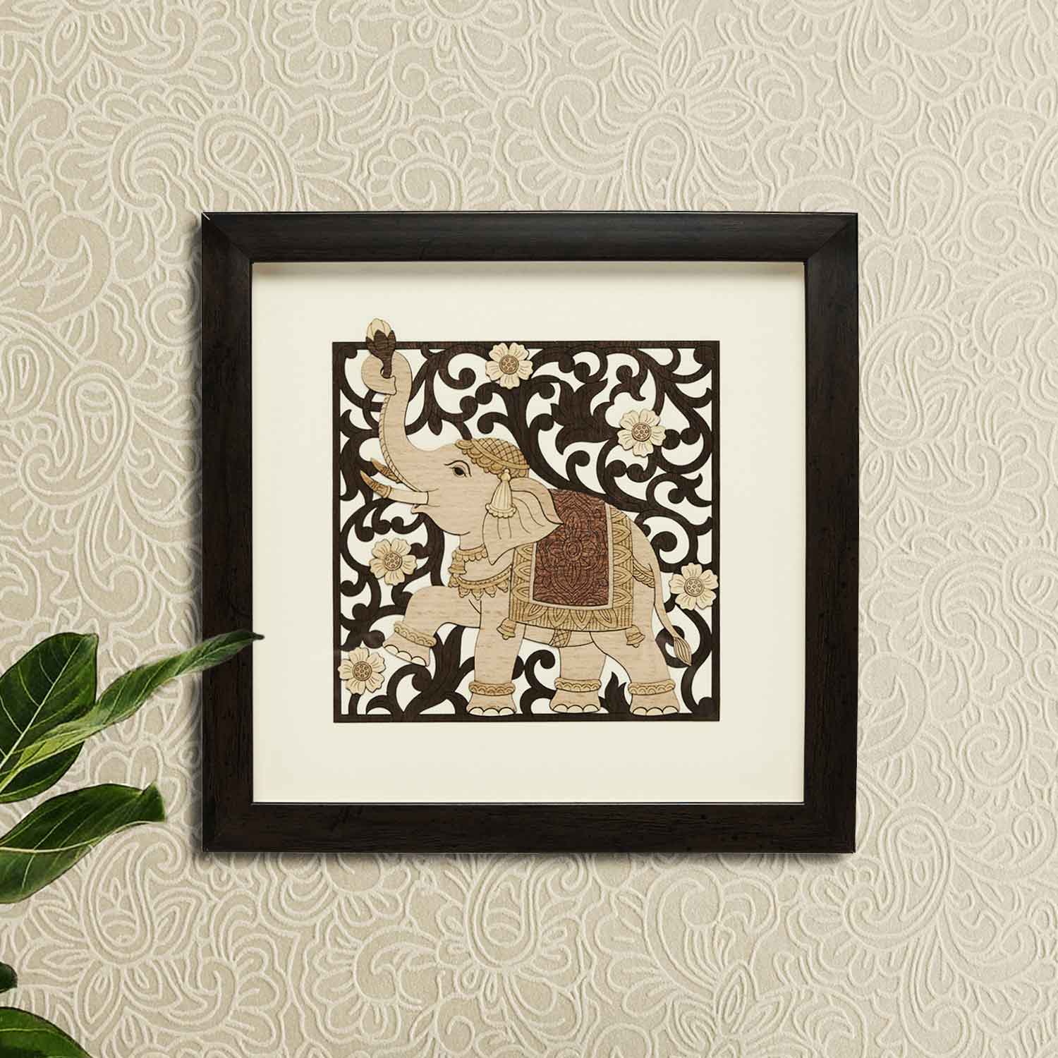 Elephant Trunk Up Wood Art Frame