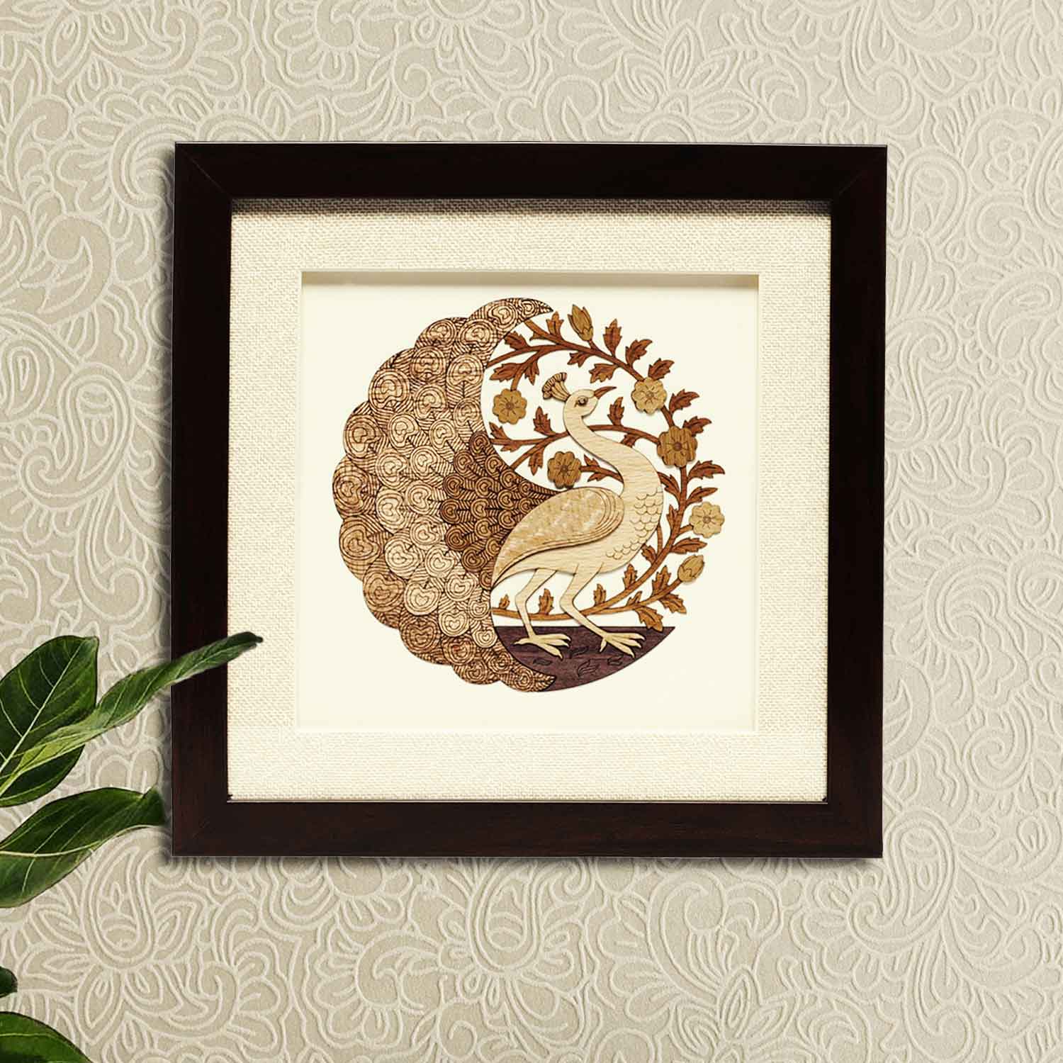 Round Peacock Wood Art Frame