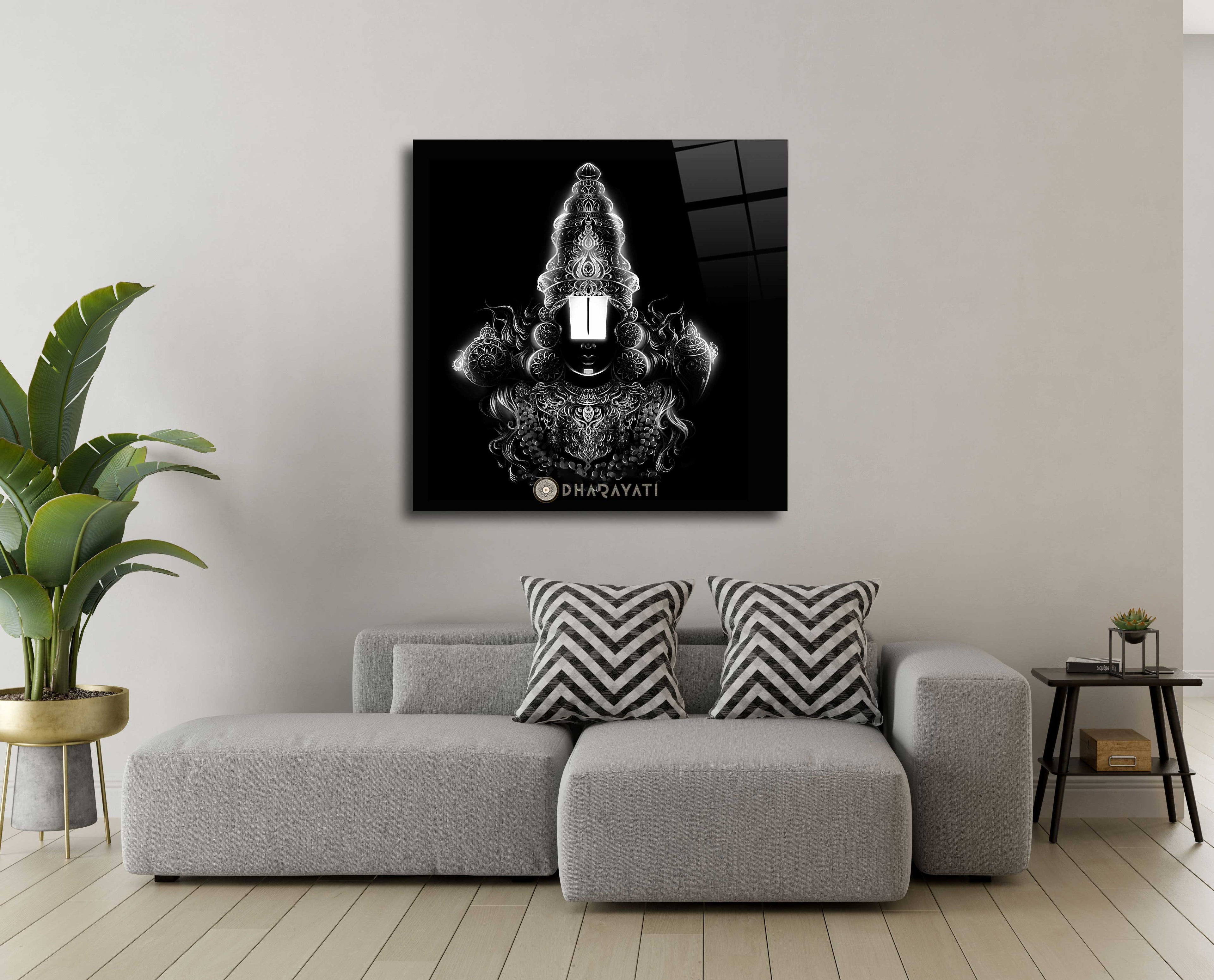 Divine Grace: Lord Venkateshwara Swamy Glass Wall Art in Black and White