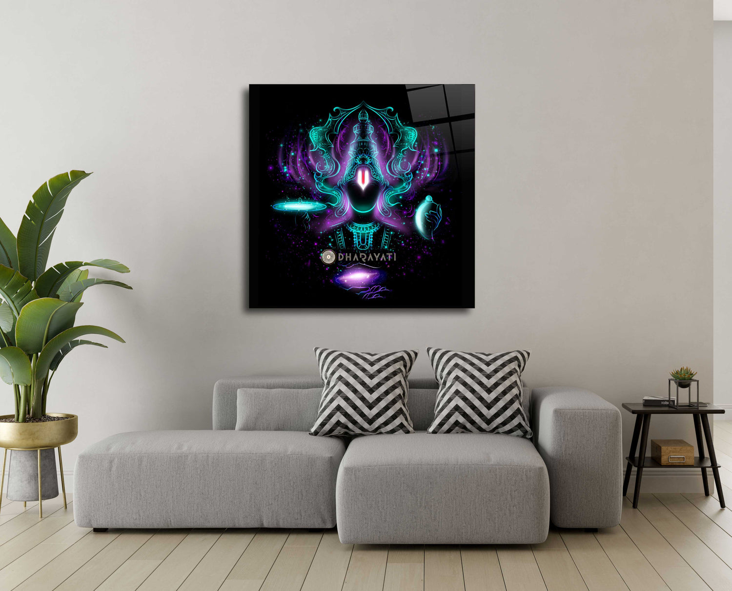 Radiant Majesty: Lord Vishnu in Purple with Shankha and Chakra Glass Wall Art