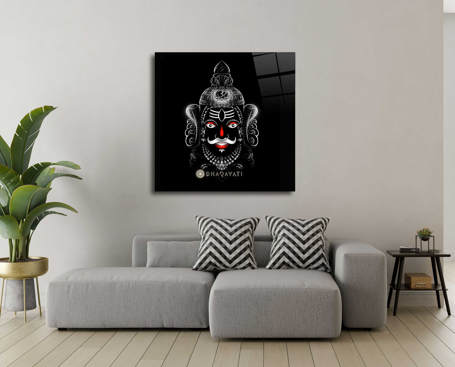 Sacred Serenity: Smiling Mahakal Red and White Glass Wall Art