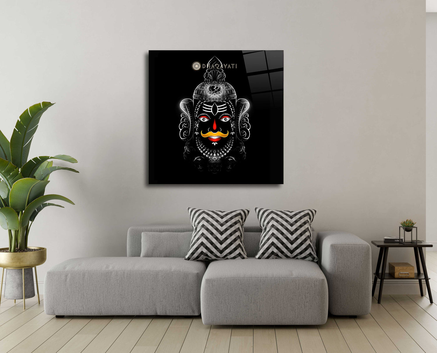 Sacred Serenity: Smiling Mahakal Red and Orange Glass Wall Art