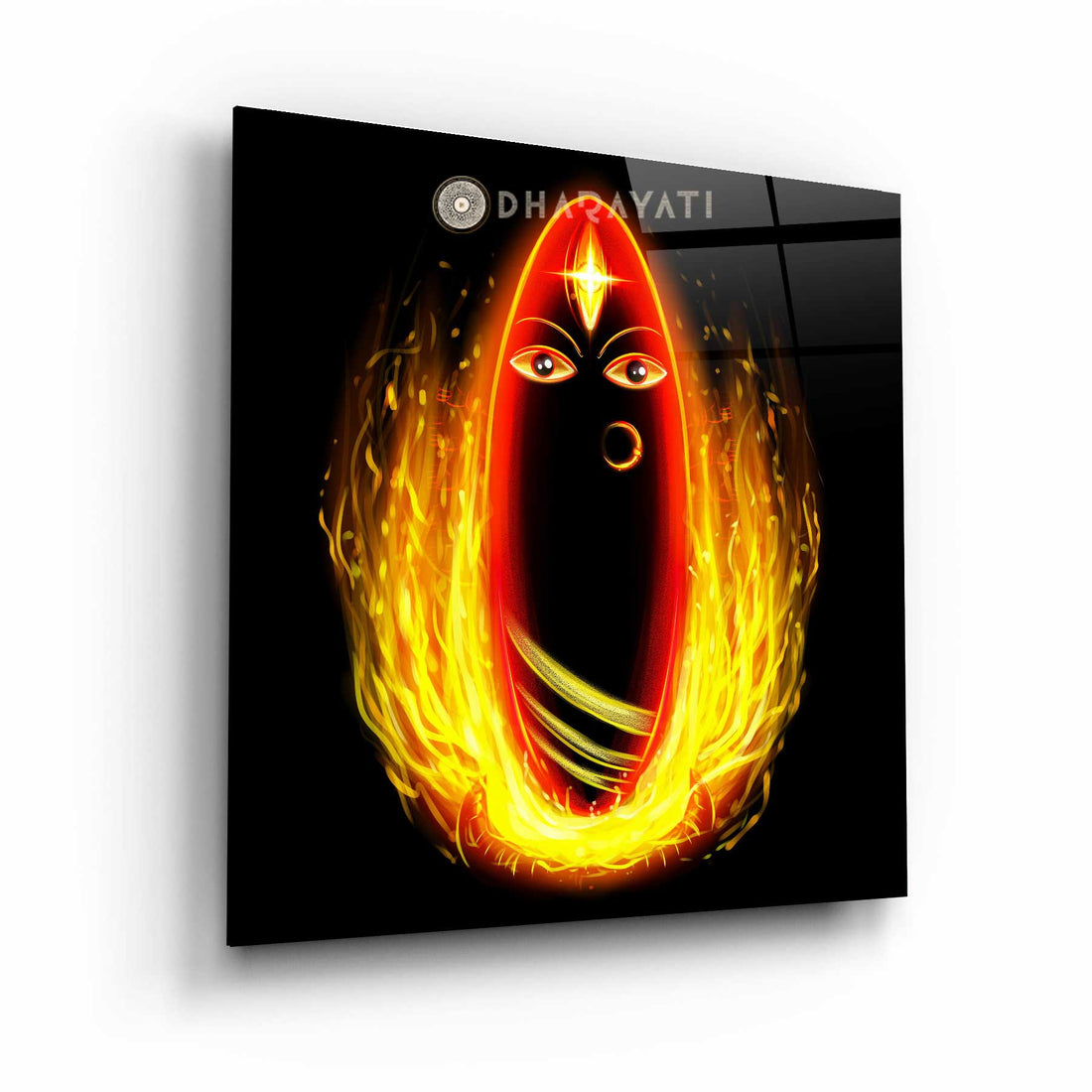 Linga Bhairavi with Flames Glass Wall Art - Fiery Transformative Energy