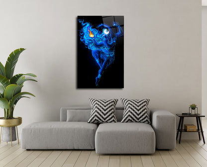 Divine Dance: Captivating Lord Shiva Glass Wall Art in Mesmerizing Blue Digital Art