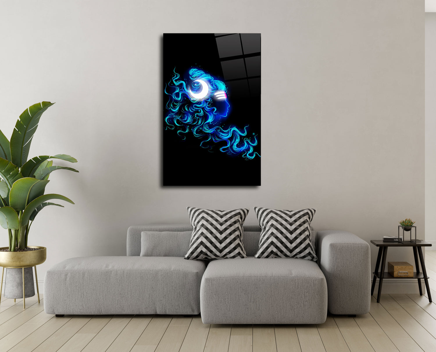 Lord Shiva in Blue with Crescent Moon Glass Wall Art - Divine Aura Personified