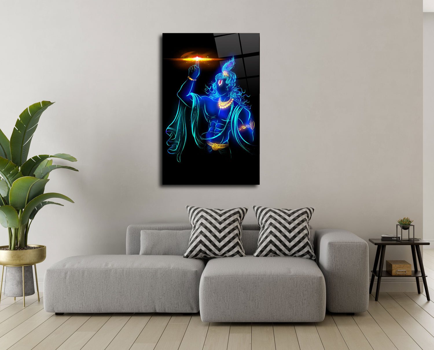 Lord Krishna in Blue with Sudarshana Chakra Glass Wall Art - Divine Grace Embodied